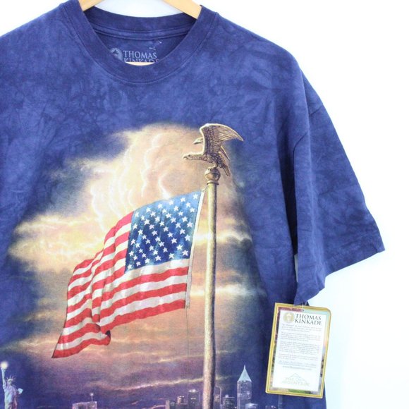 Vintage Thomas Kinkade Shirt Mens Blue Tie Dye Short Sleeve American Flag L - Picture 2 of 10